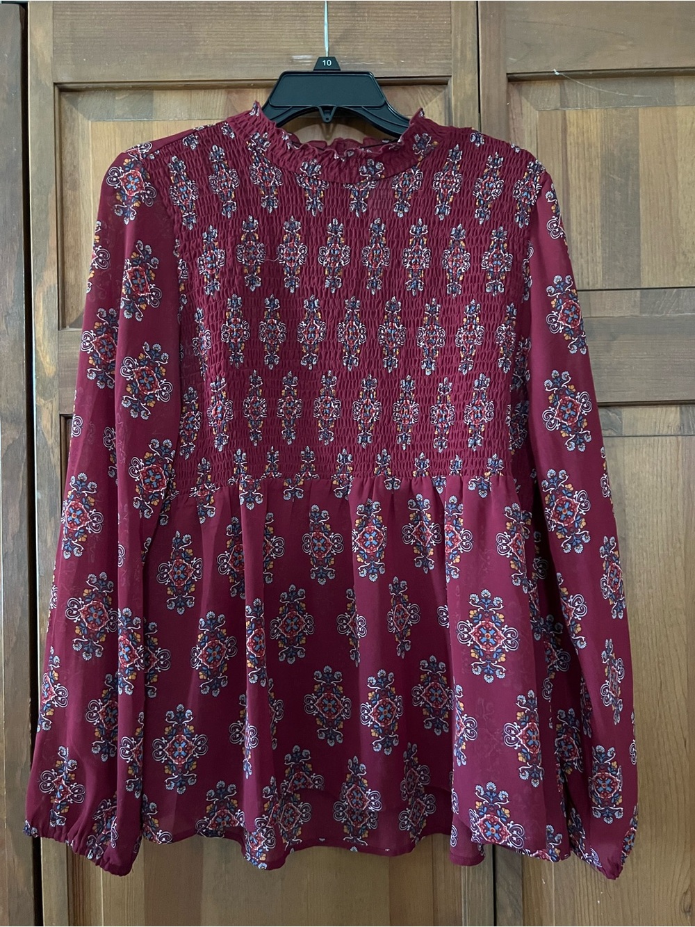 Smocked Burgundy Floral Long-Sleeve Blouse - Women's